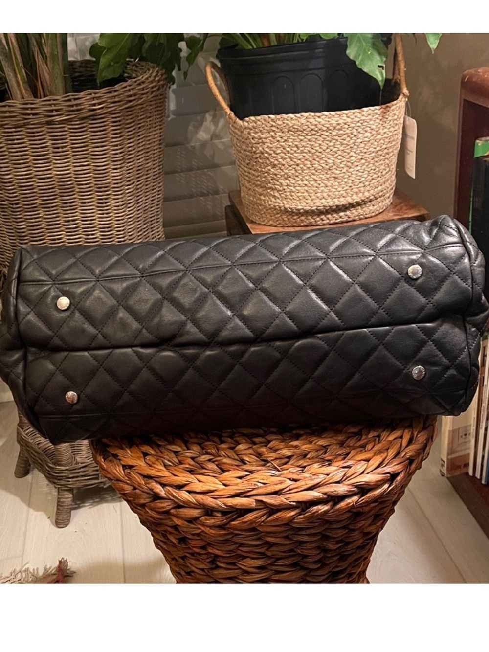 CC Shoulder Travel Bag - Black Quilted with Silver Accents High Quality Fashion - Picture 8 of 16